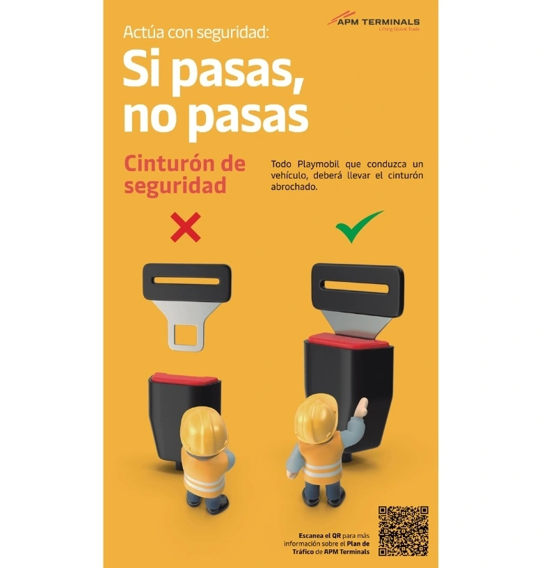 Road safety advertising banners for APM Terminals with Playmobil characters and seatbelt use message