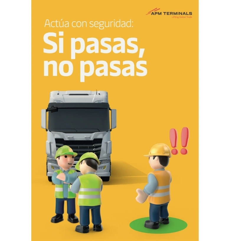 Flyer design for safety campaign at APM Terminals with Playmobil characters and visual message 'If you pass, you don't pass".